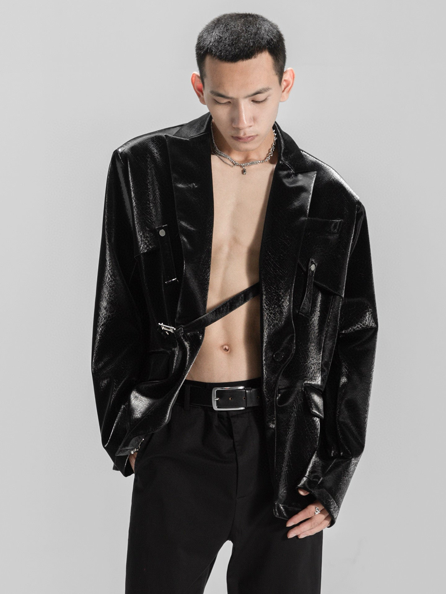 Glossy Scaled Leather Convertible Unisex Overcoat