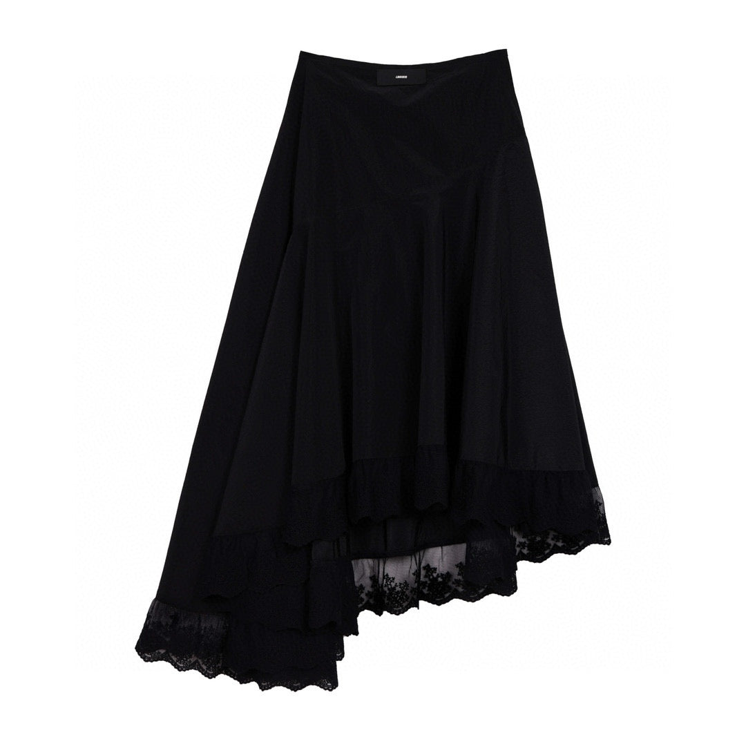 Black Asymmetrical Hem Long Skirt with Lace Trim