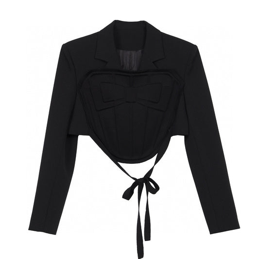 Black Short Blazer with Embossed Bustier and Tie