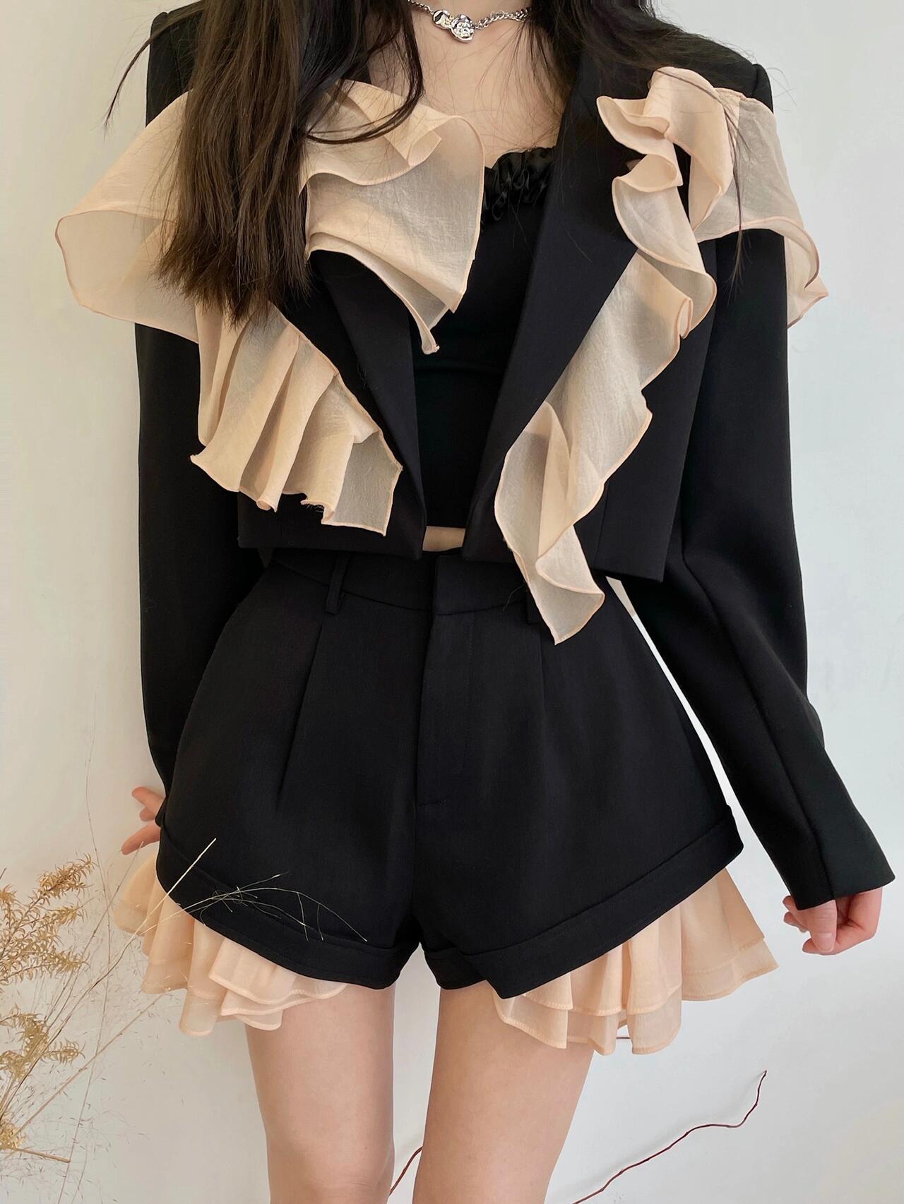 Black Short Jacket with Orange Ruffle Trim