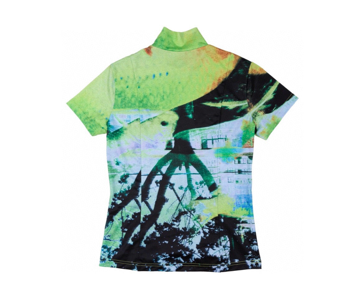 Digital Print Mock Neck Stretch Fitted Short Sleeve