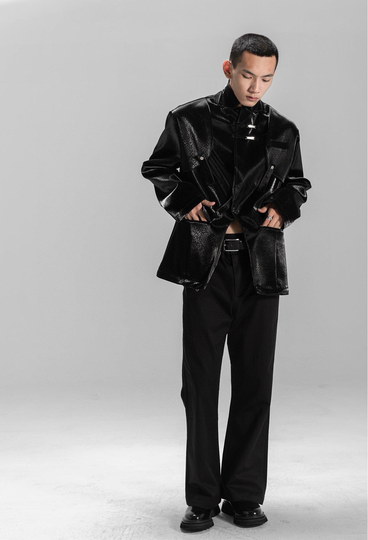 Glossy Scaled Leather Convertible Unisex Overcoat