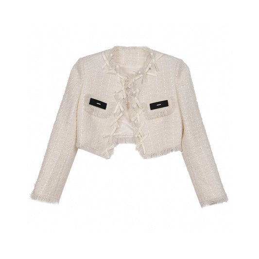 Beige Tweed Blazer with Bow