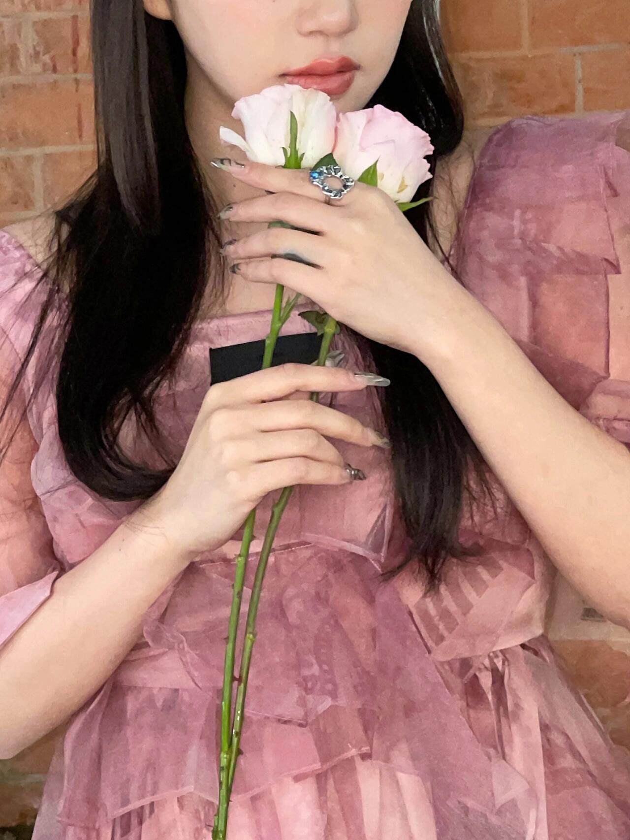 Pink Printed Dress with Lace Trim