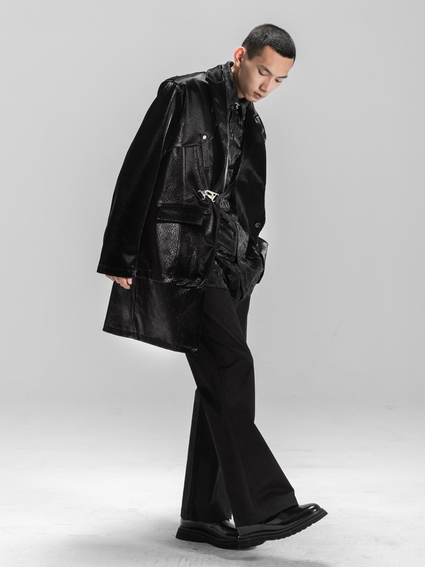 Glossy Scaled Leather Convertible Unisex Overcoat