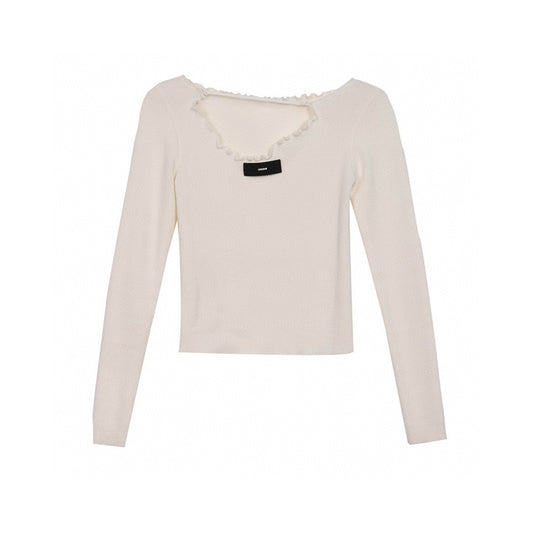 Sweater with Trimmed Lace Collar and Front Cutout