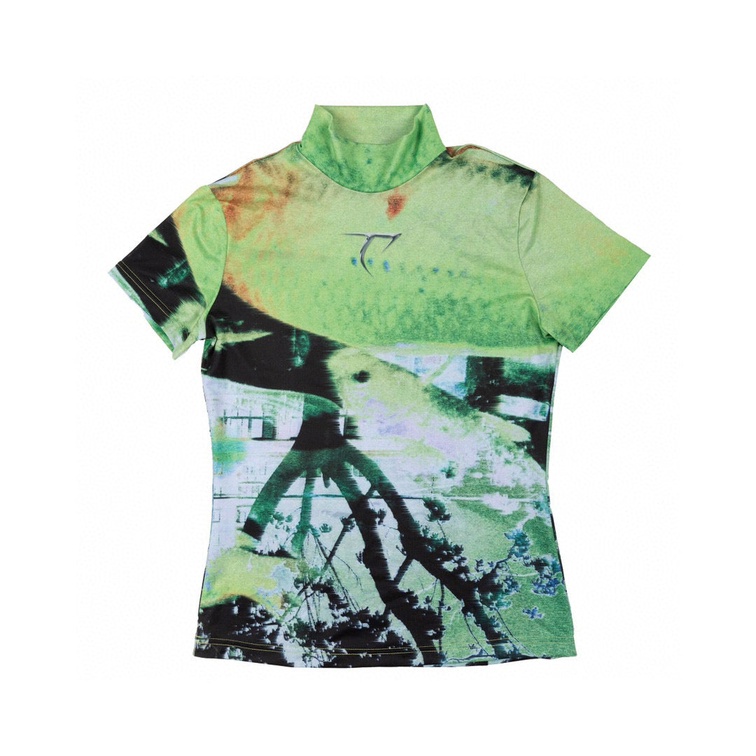 Digital Print Mock Neck Stretch Fitted Short Sleeve