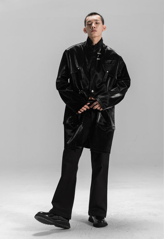 Glossy Scaled Leather Convertible Unisex Overcoat