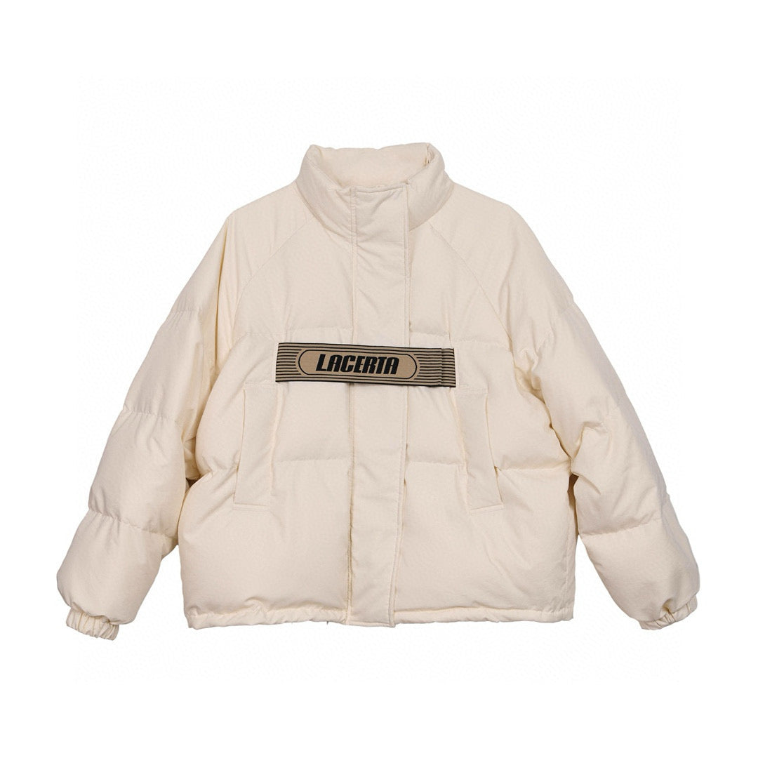 Beige Down Jacket with Lettered Ribbon (Three-Way Wear)