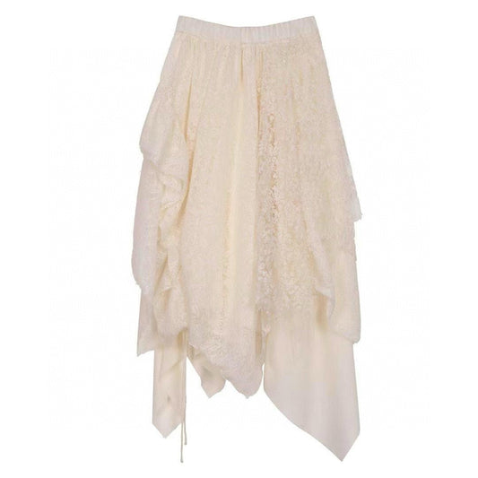 Beige Layered Fabric Asymmetrical Hem Long Skirt