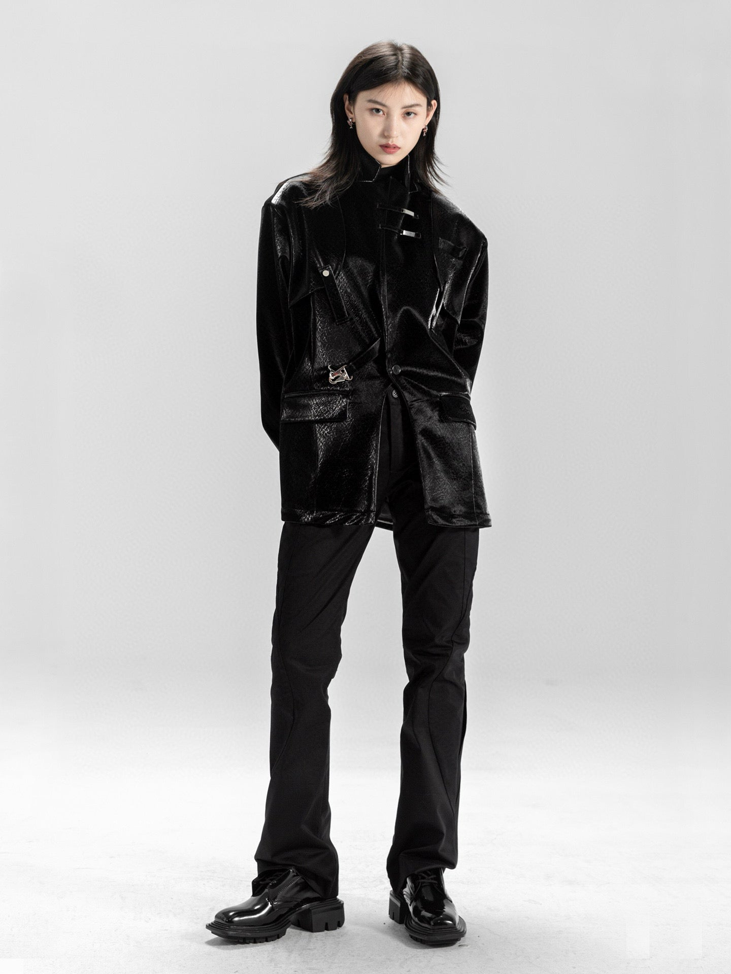 Glossy Scaled Leather Convertible Unisex Overcoat