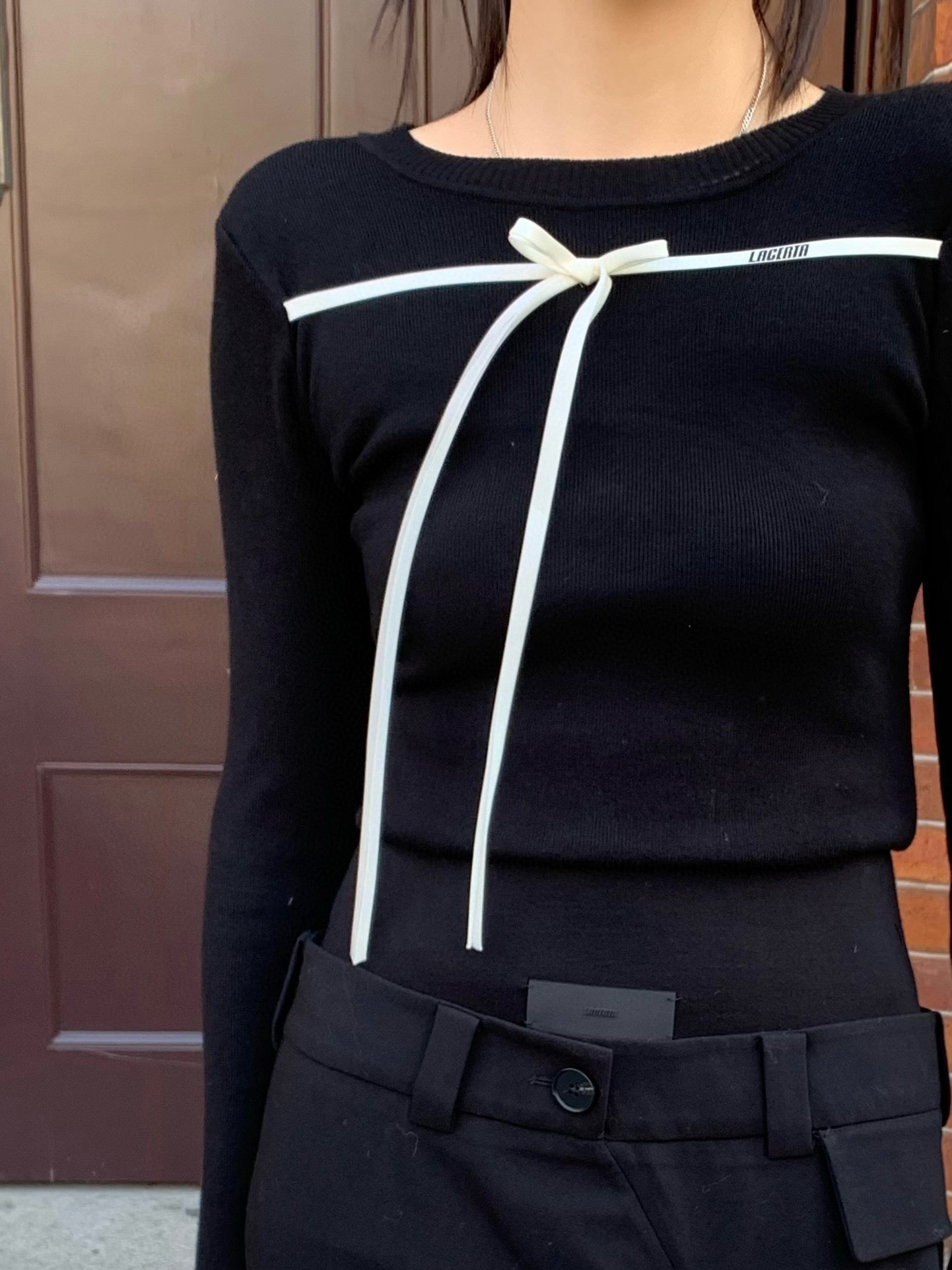 Sweater with Black Bow Ribbon