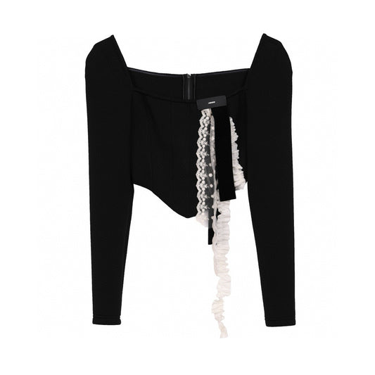 Black Square Neck Top with Lace Ribbon