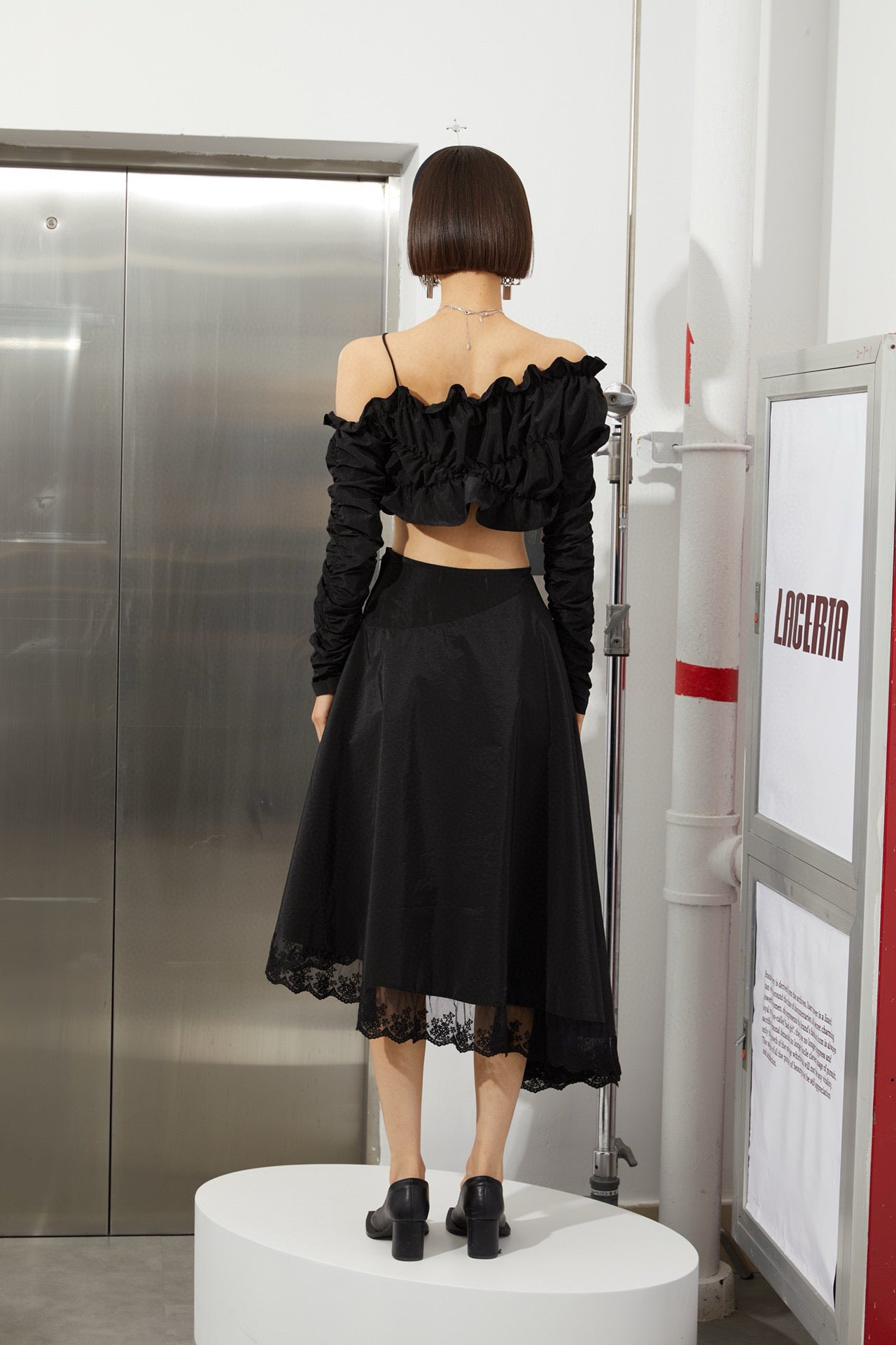 Black Asymmetrical Hem Long Skirt with Lace Trim