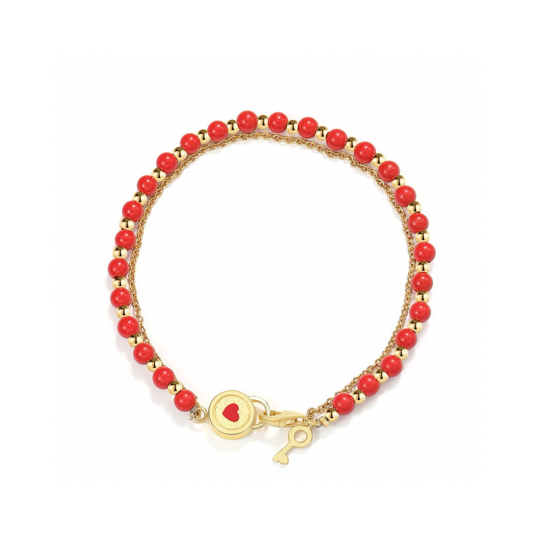 Red Heart Lock and Key Coral Bracelet