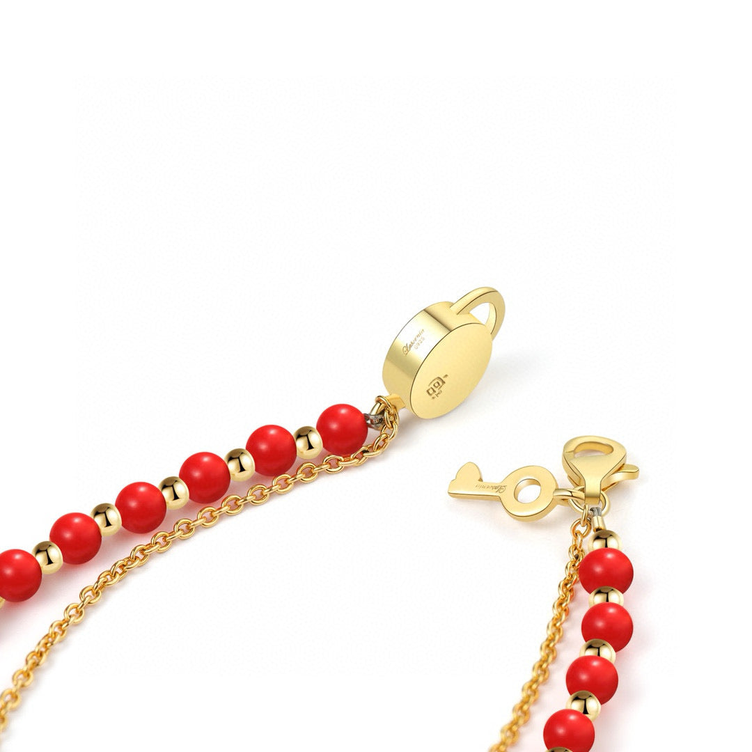 Red Heart Lock and Key Coral Bracelet