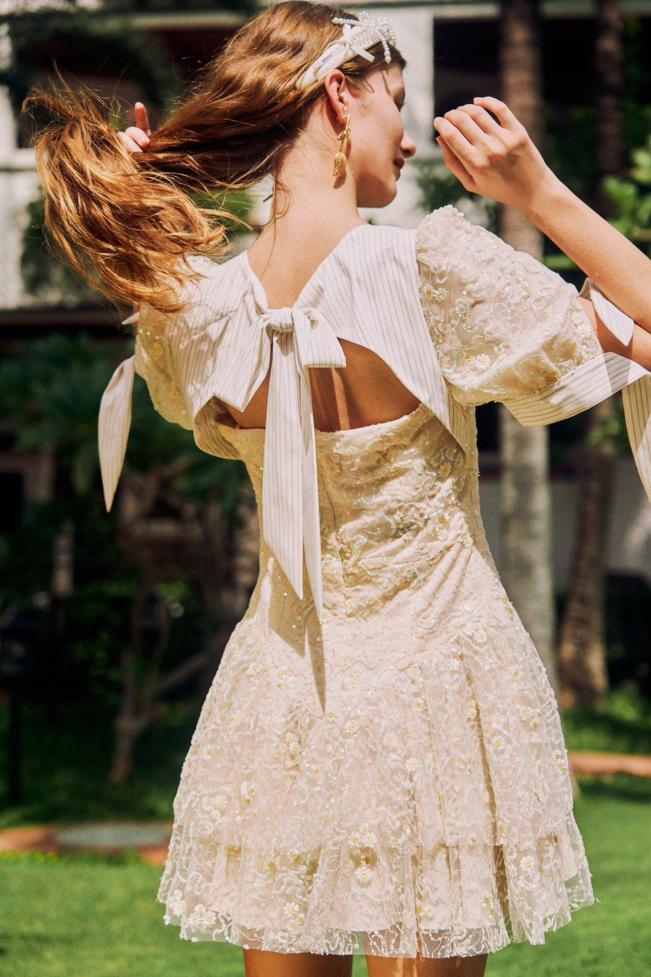 Yellow Sequin Bow Ruffle Dress