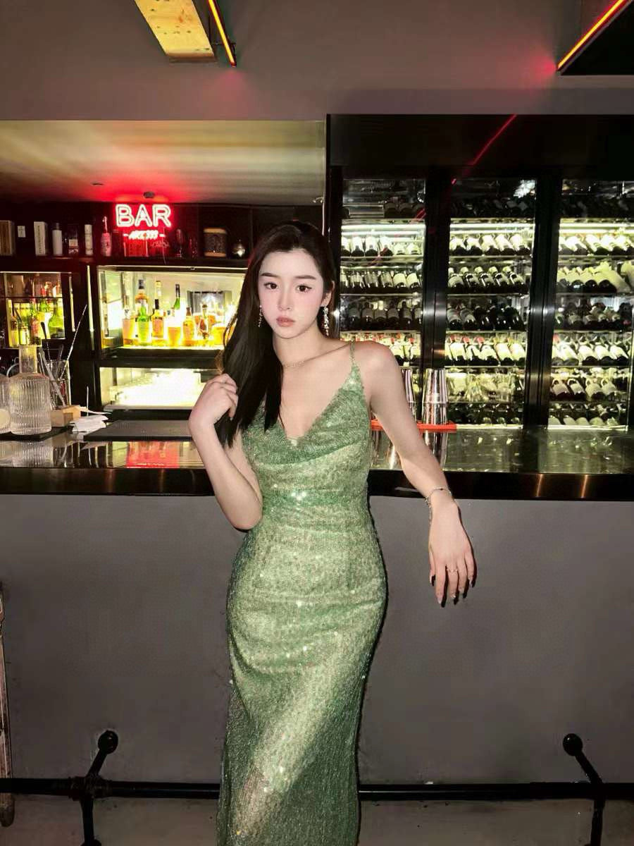 Mint Candy Off-Shoulder Irregular Hem Sequin Dress with Tie Straps