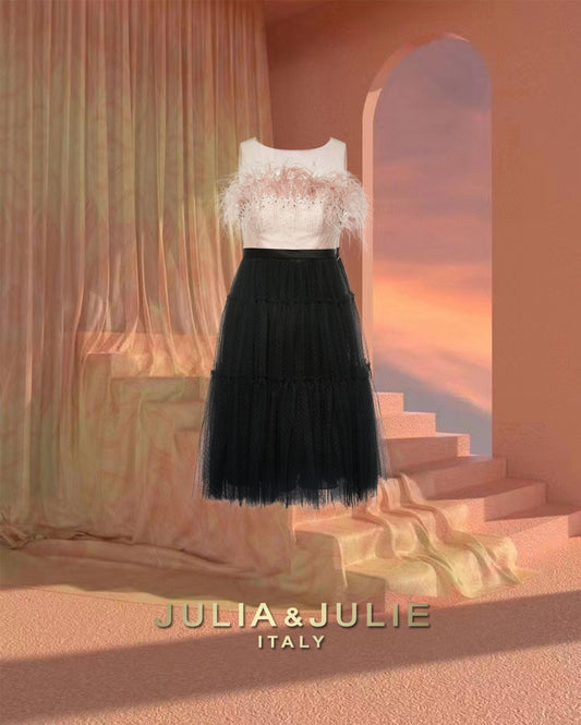 South of France Holiday Pink Ostrich Feather and Black Tulle Dress