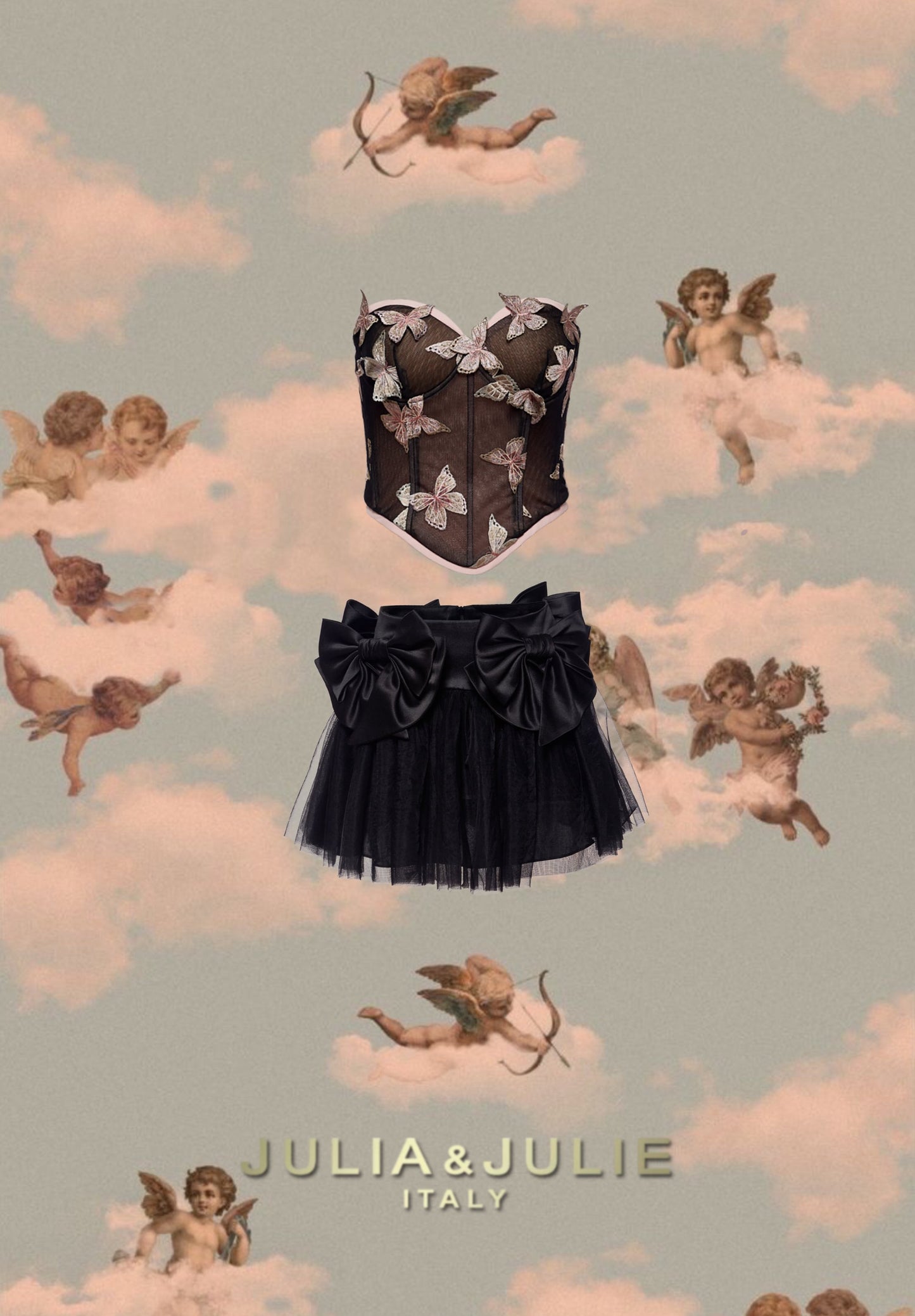 Metamorphosis Embroidered Butterfly Corset Top with Roman Weekend Satin Bow Tulle Skirt Set