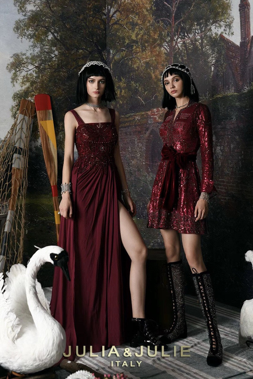 Burgundy Cami High-Slit 3D Rhinestone Fringe Dress