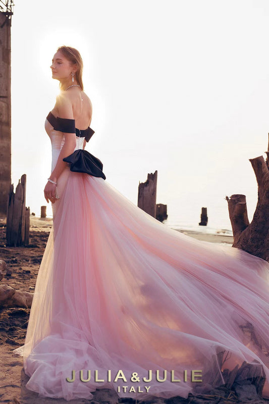 Pink and Black Satin Off-Shoulder Dress with Removable Bow Train