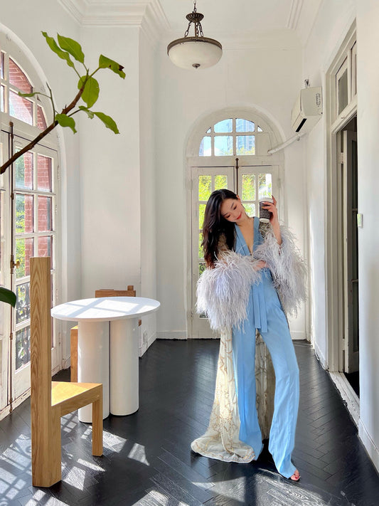 Blue V-Neck Jumpsuit with Ostrich Feather Cape Set