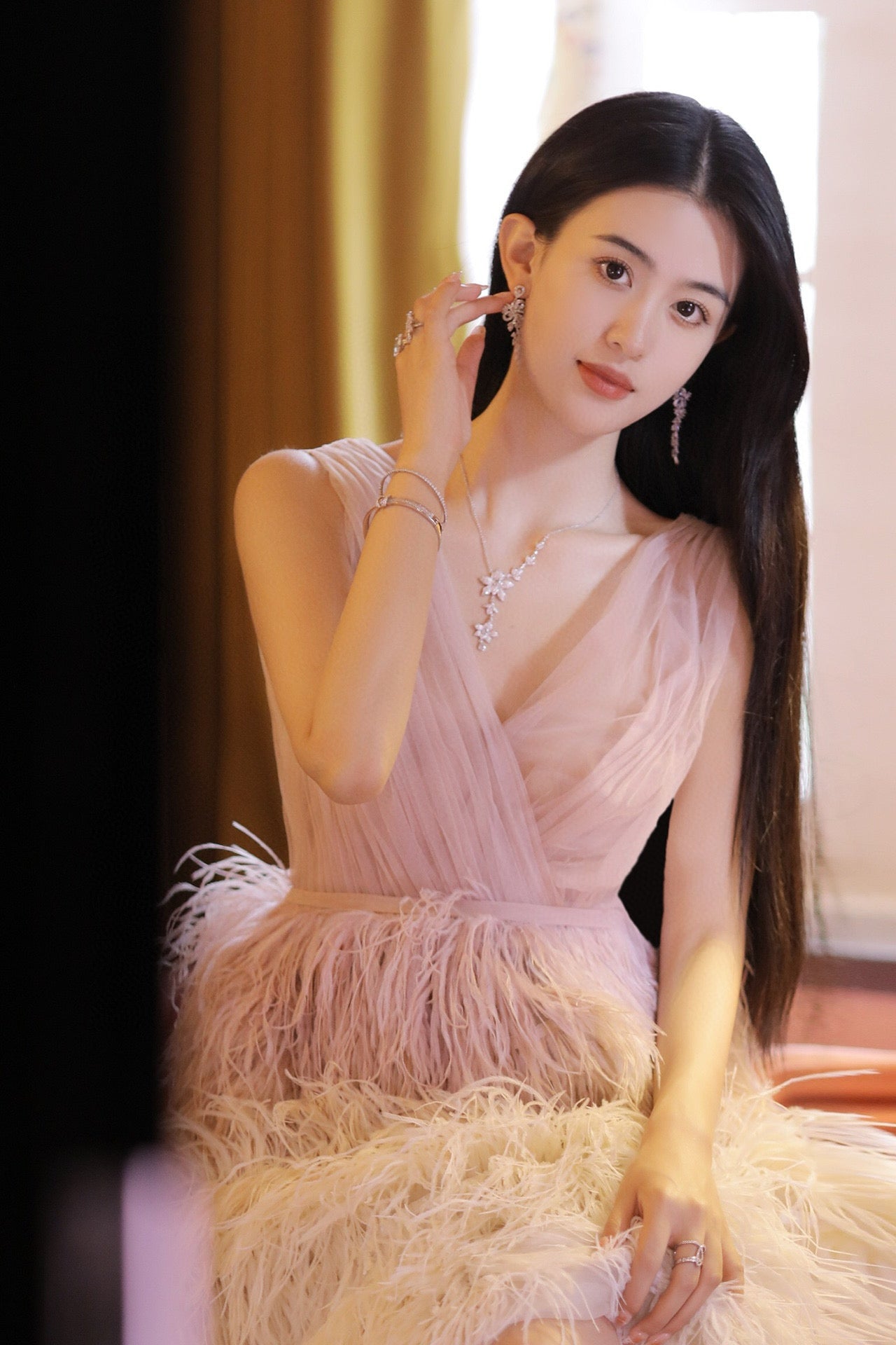 Blush Tulle Dress with Ombre Ostrich Feathers