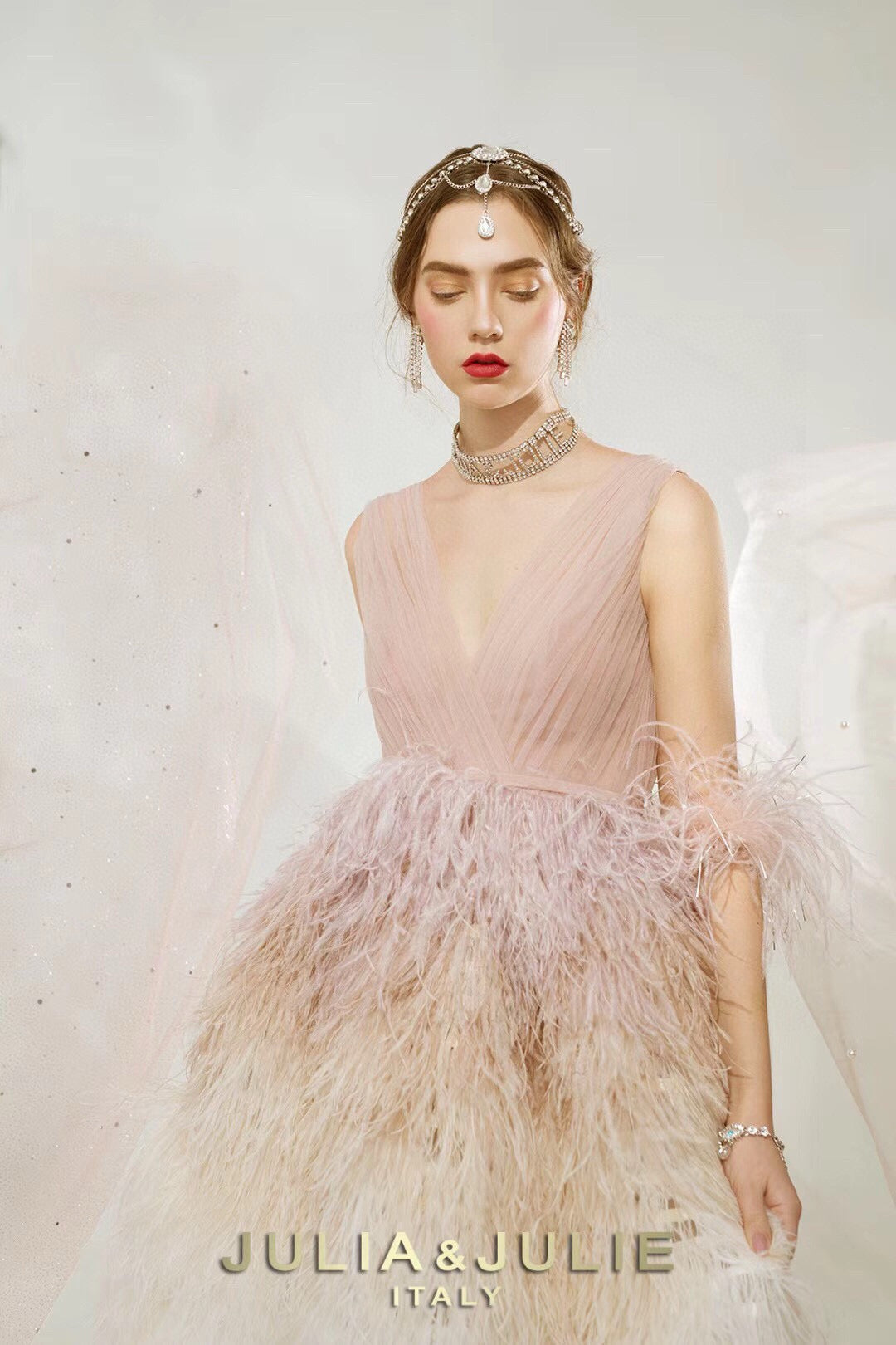 Blush Tulle Dress with Ombre Ostrich Feathers