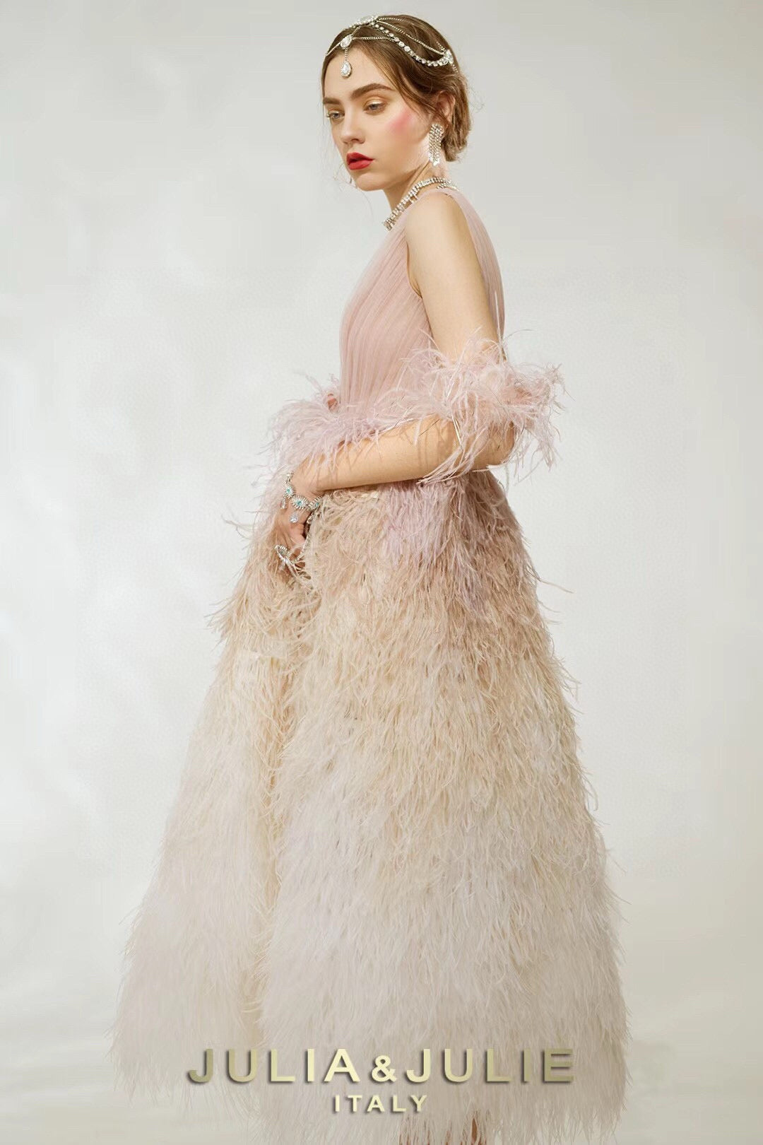 Blush Tulle Dress with Ombre Ostrich Feathers