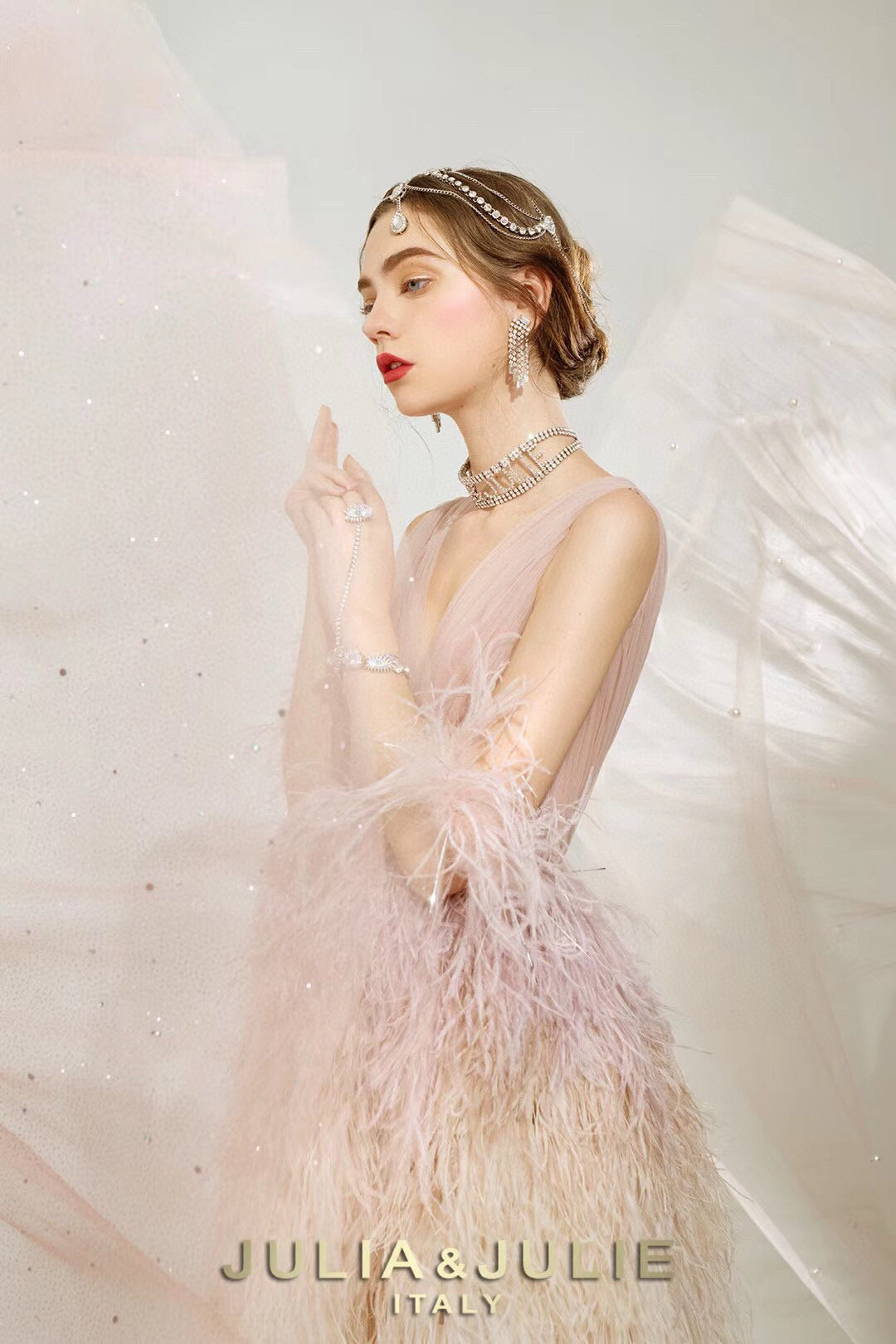 Blush Tulle Dress with Ombre Ostrich Feathers