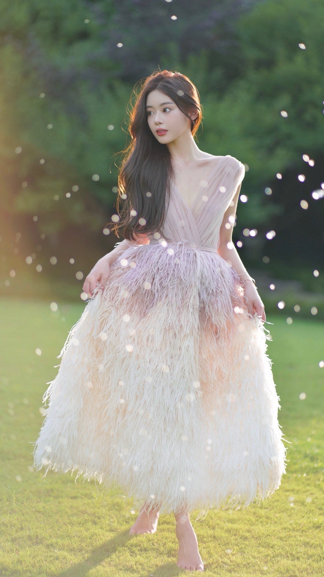 Blush Tulle Dress with Ombre Ostrich Feathers