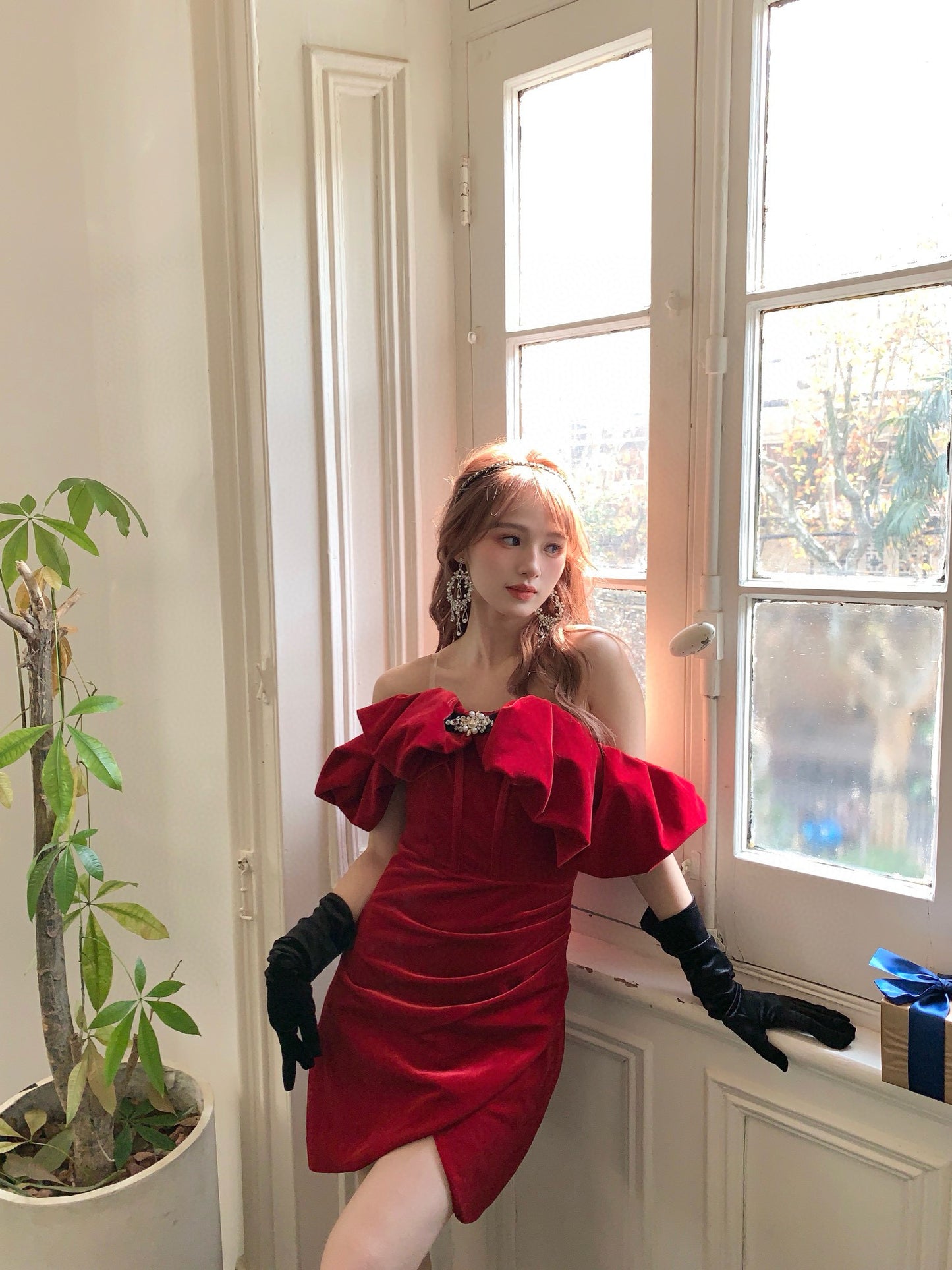 Red Velvet Off-Shoulder Dress