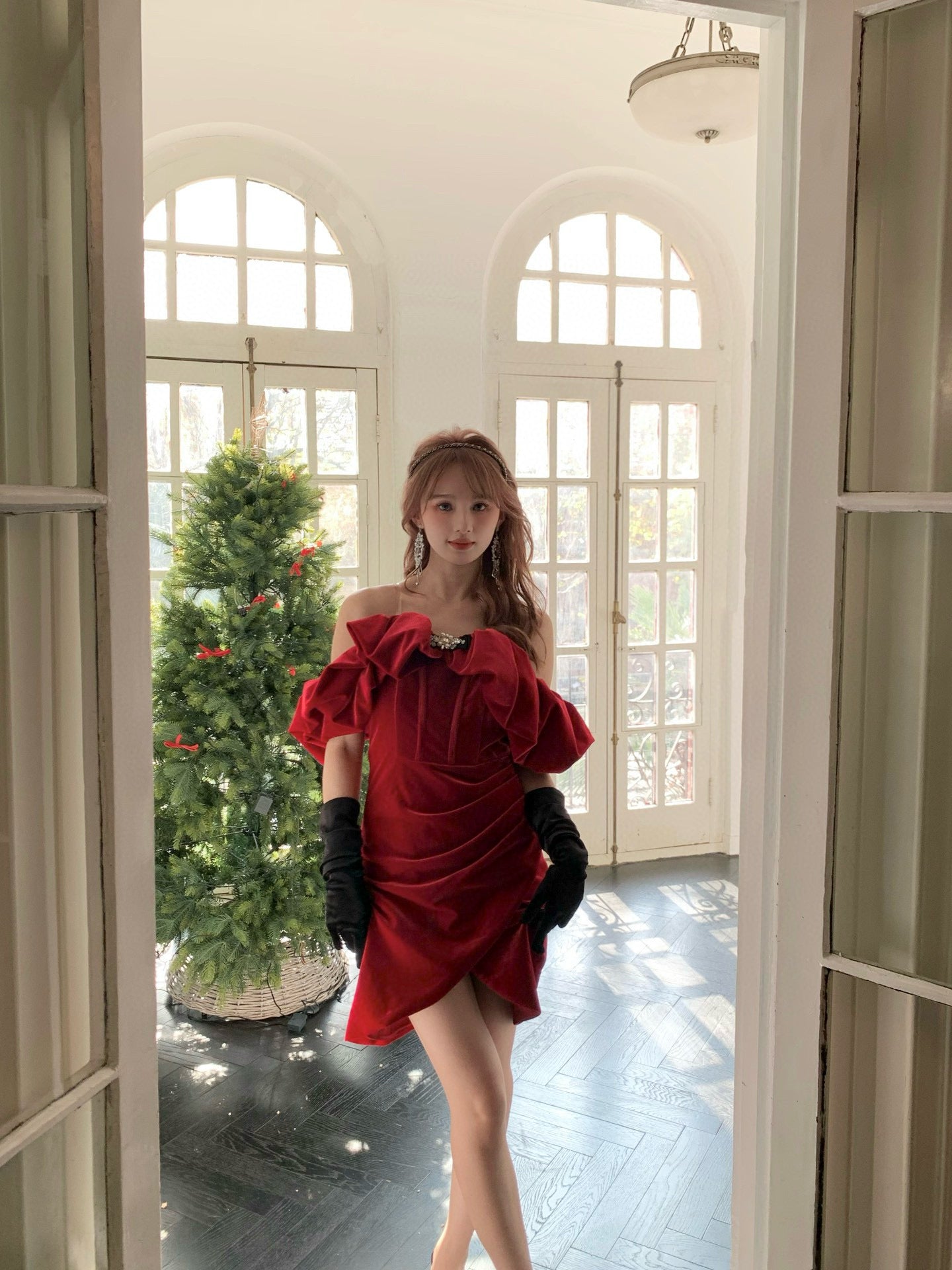 Red Velvet Off-Shoulder Dress