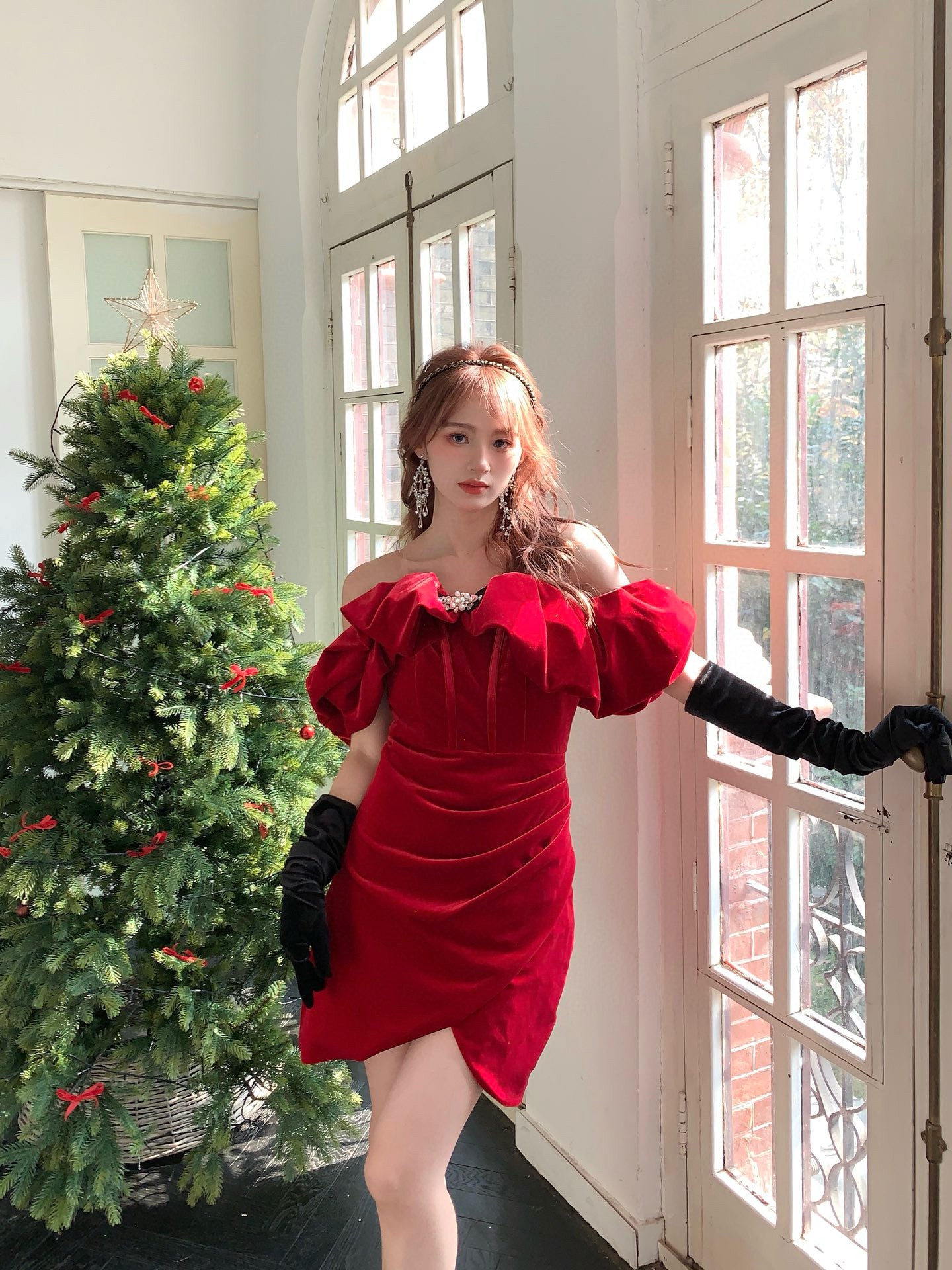 Red Velvet Off-Shoulder Dress