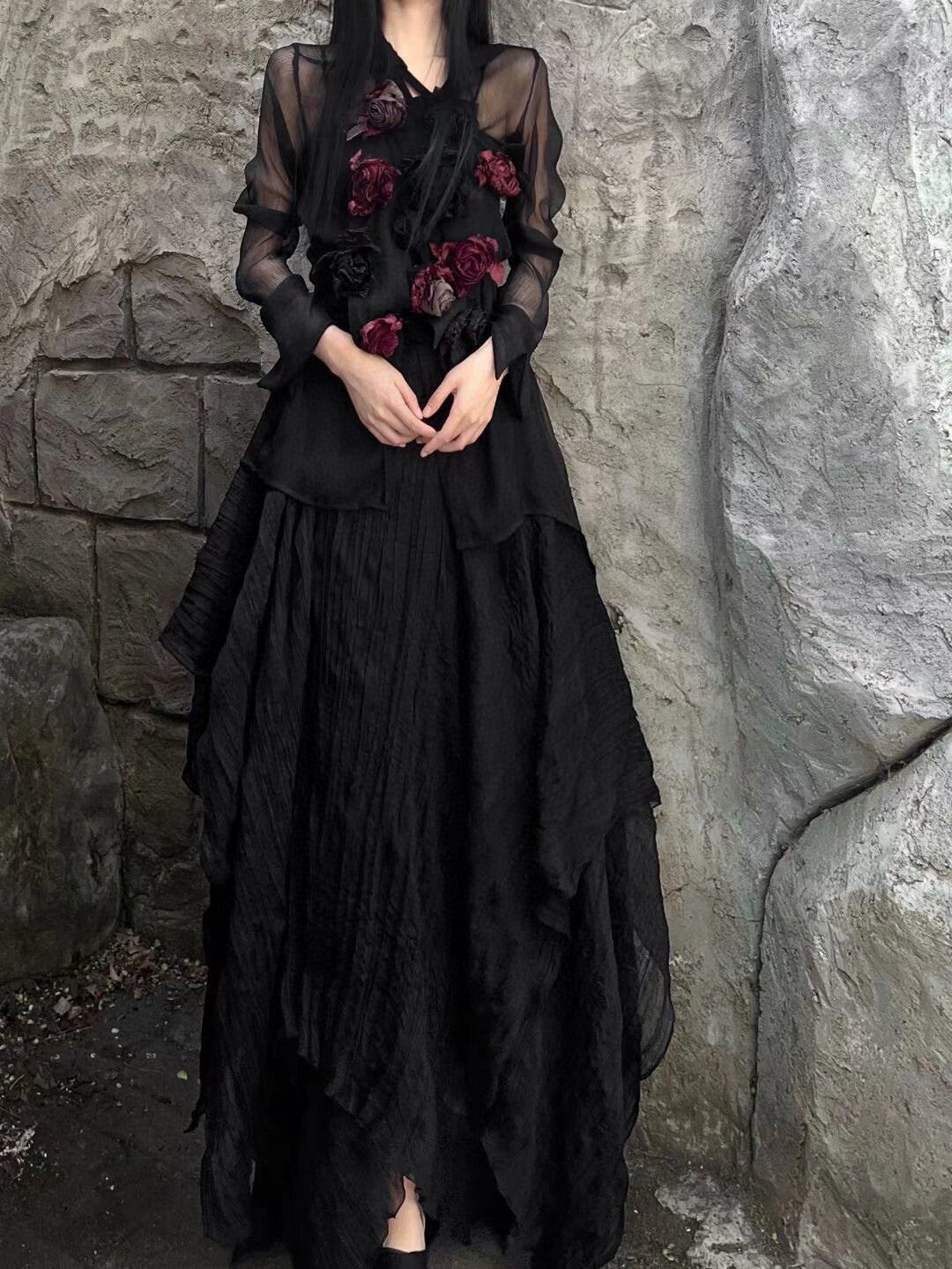 Black and Red Rose Vest with Skirt, and Shirt Set