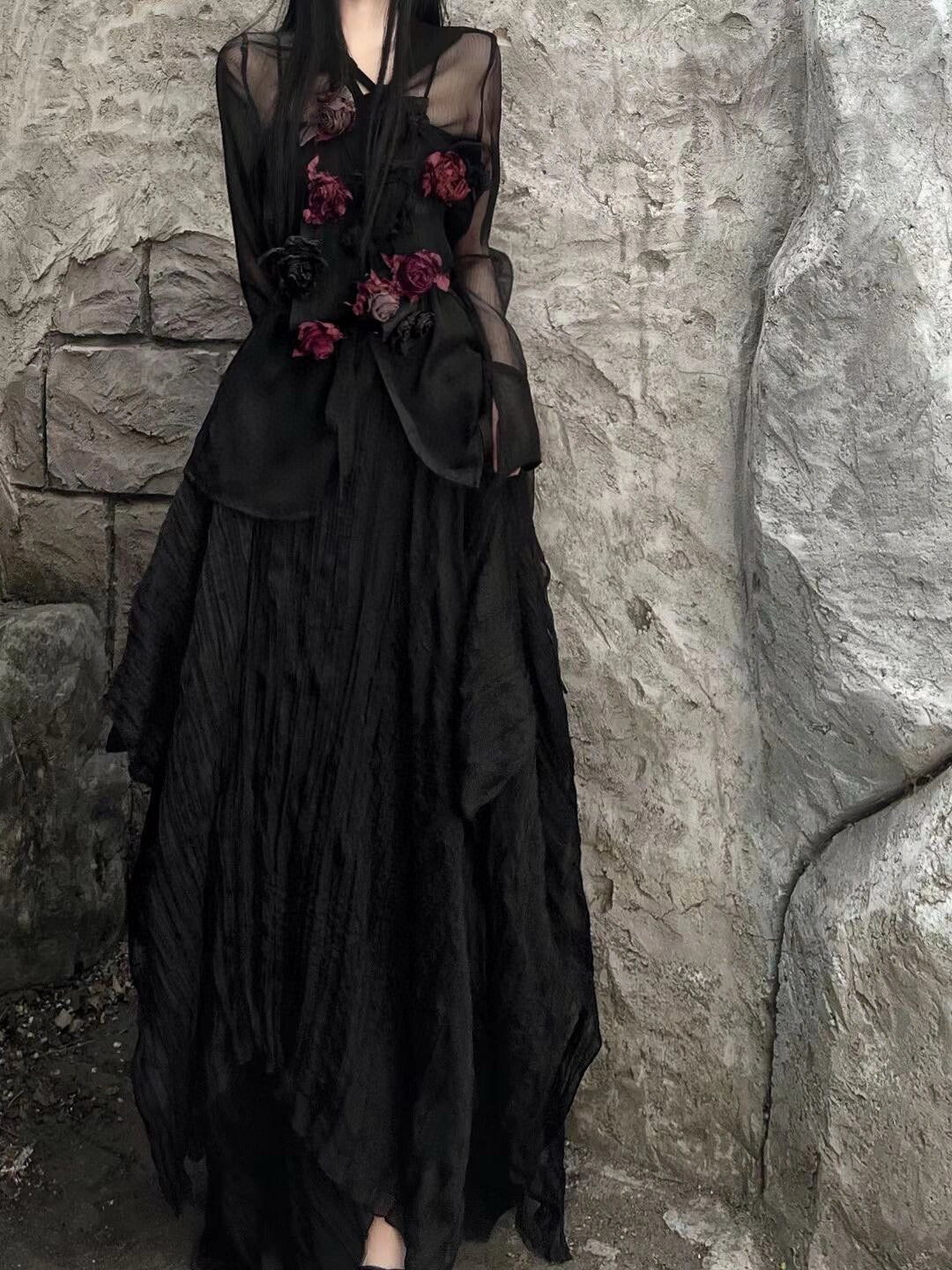 Black and Red Rose Vest with Skirt, and Shirt Set