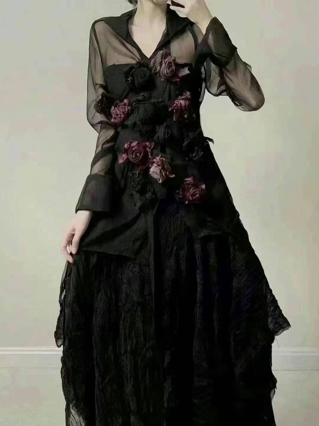 Black and Red Rose Vest with Skirt, and Shirt Set