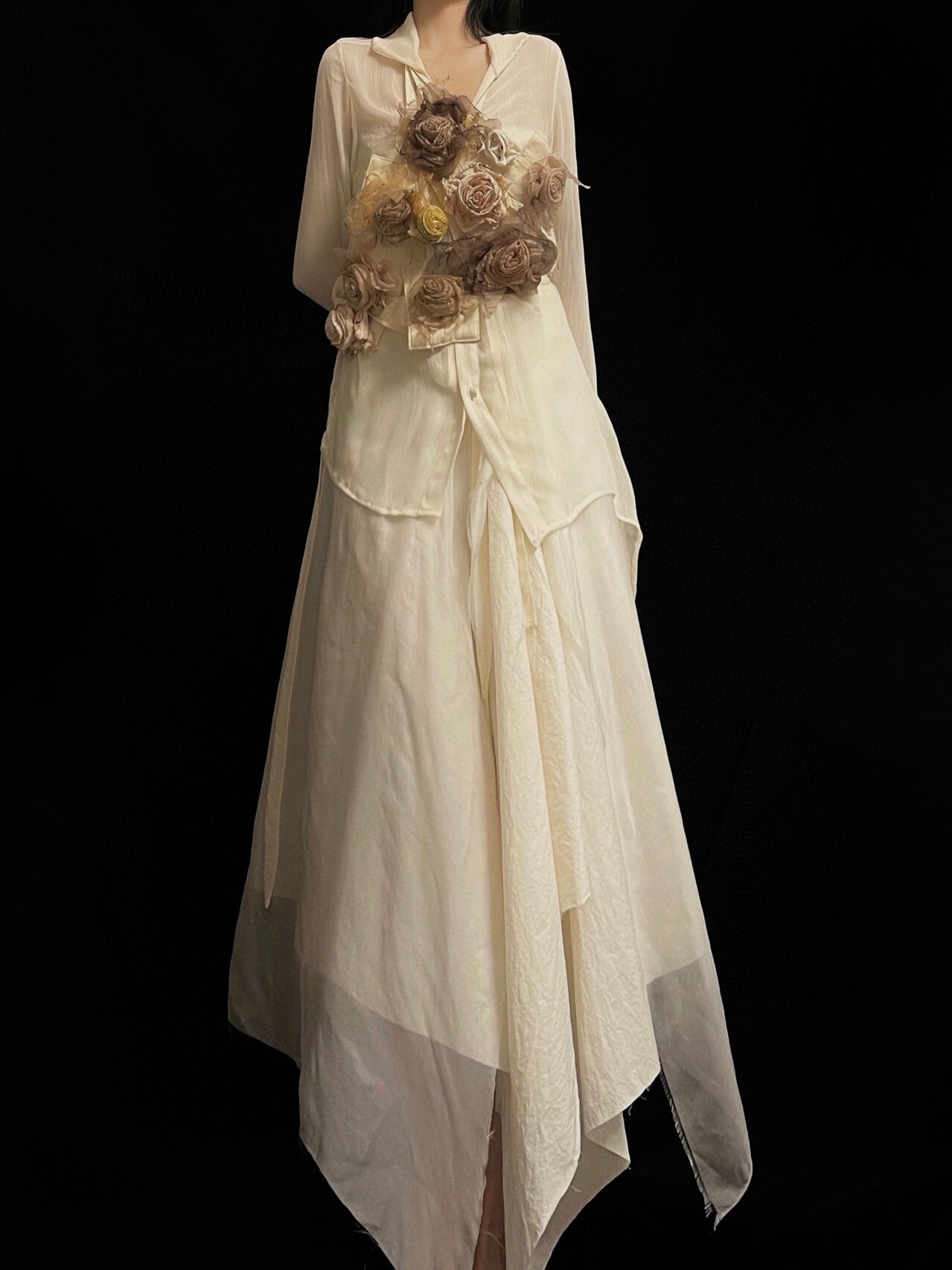 Champagne rose vest with beige shirt and silk skirt set