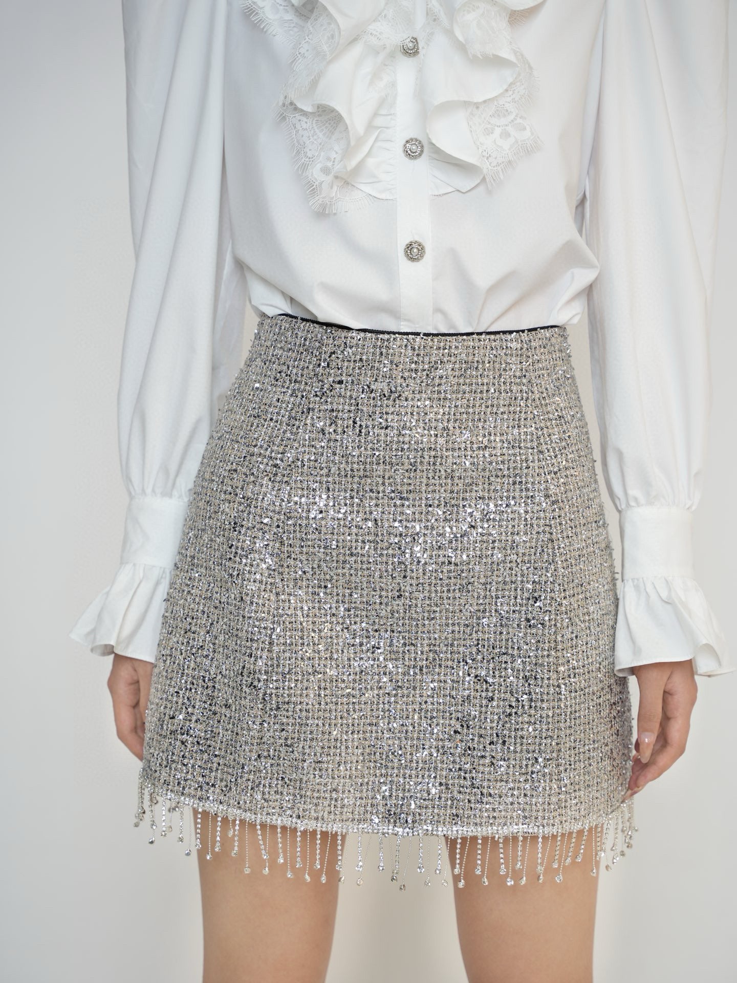 Embellished wavy shirt and silver rhinestone skirt set