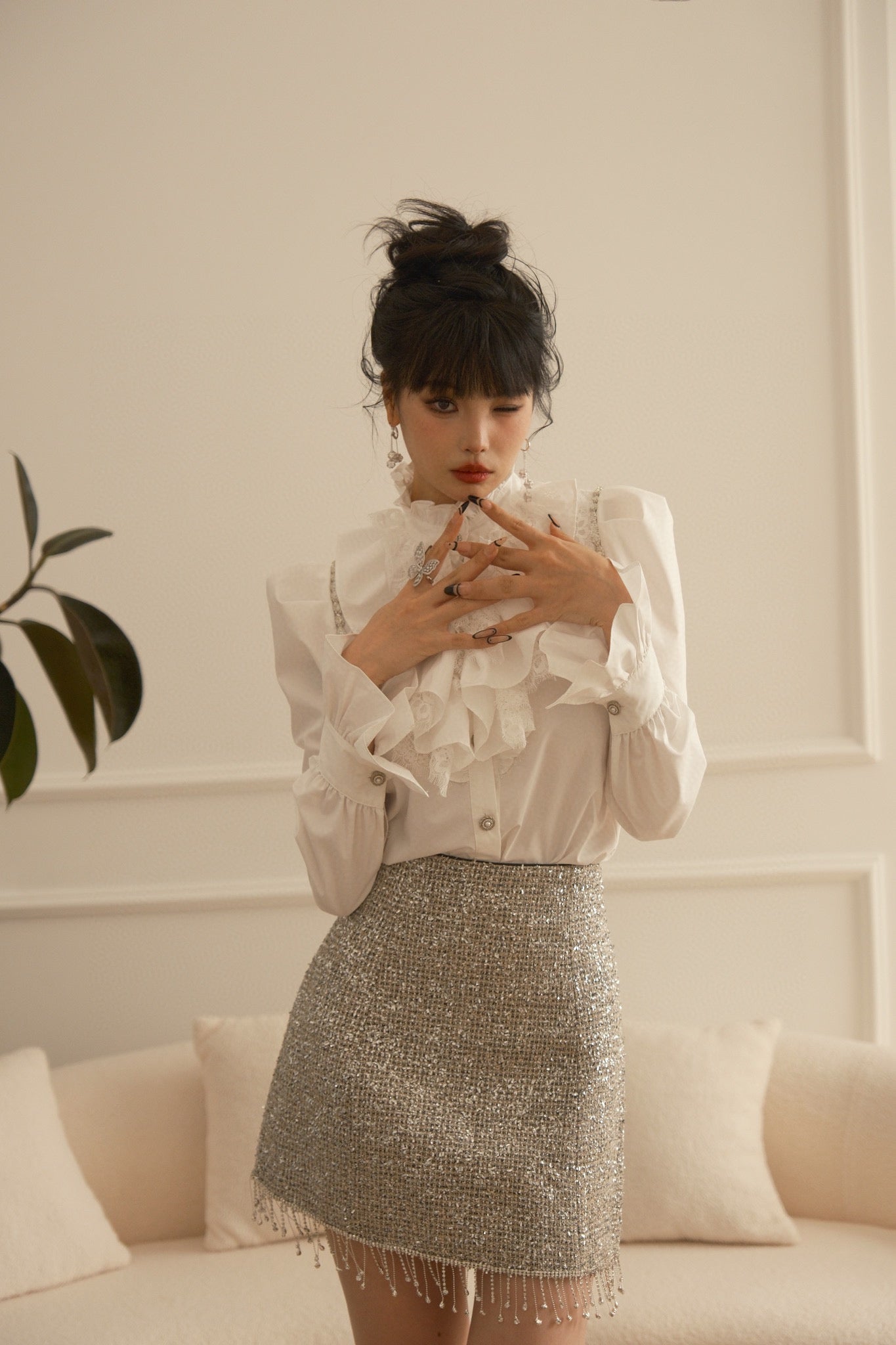 Embellished wavy shirt and silver rhinestone skirt set