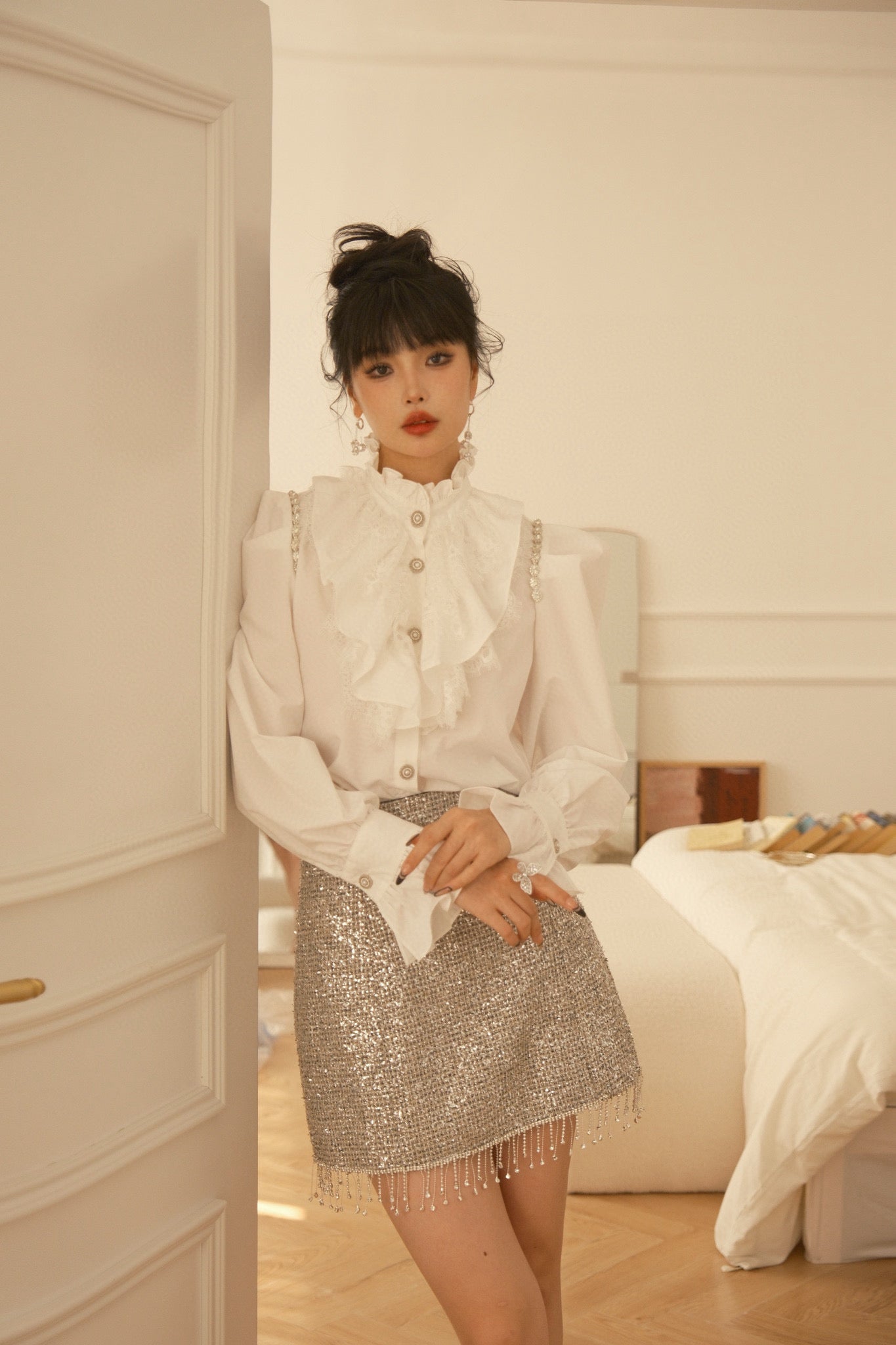 Embellished wavy shirt and silver rhinestone skirt set