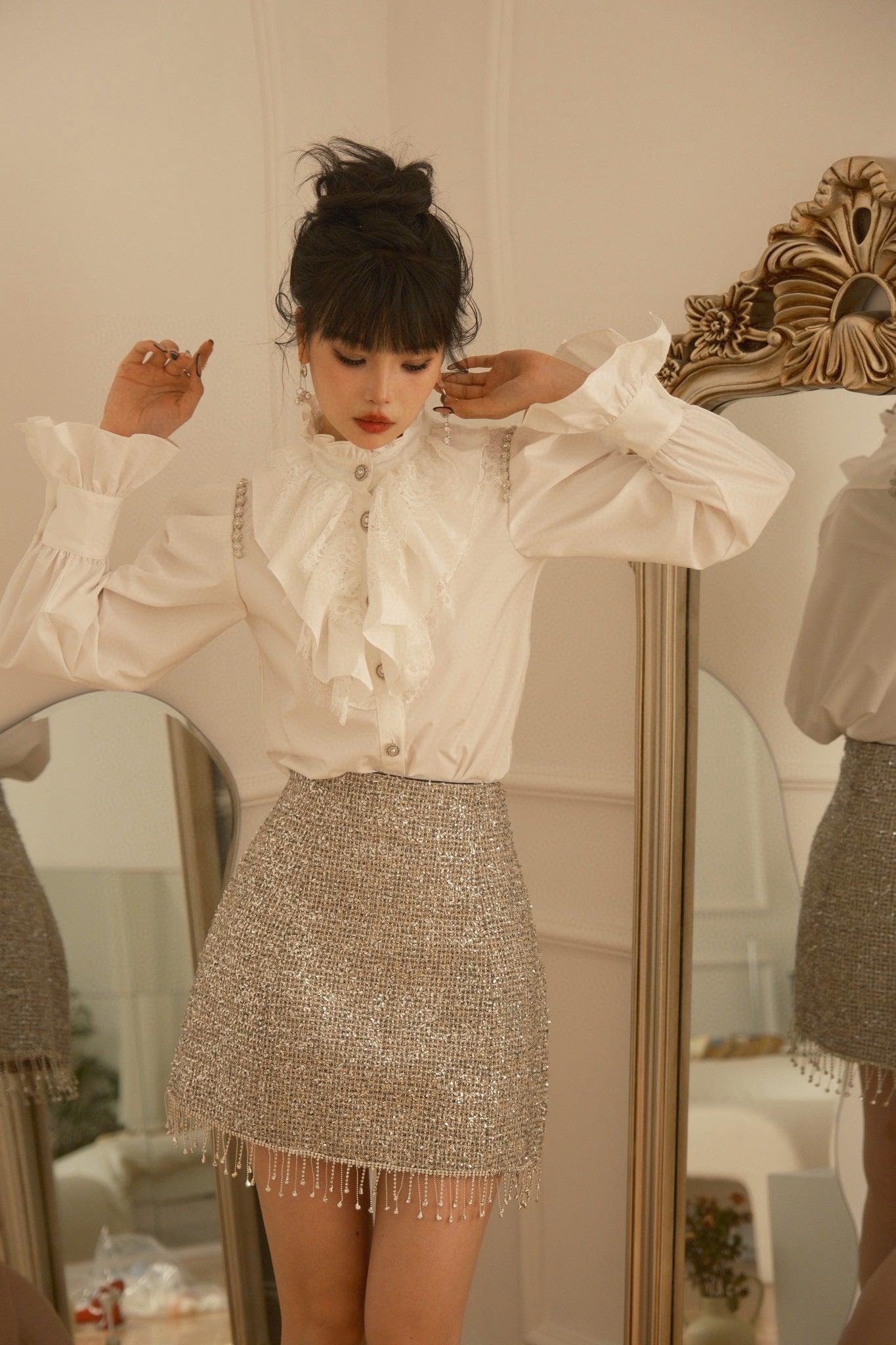 Embellished wavy shirt and silver rhinestone skirt set