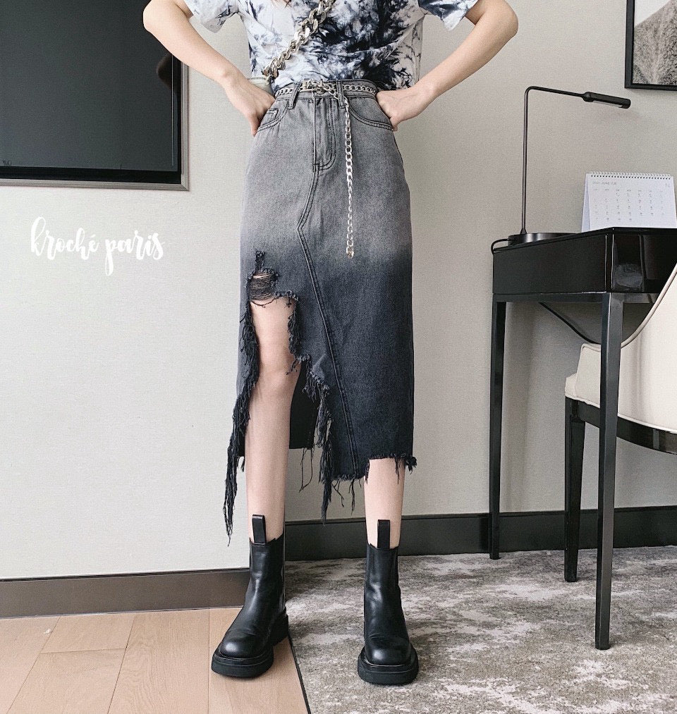 Mid-Length Denim Skirt with Chain Tassels