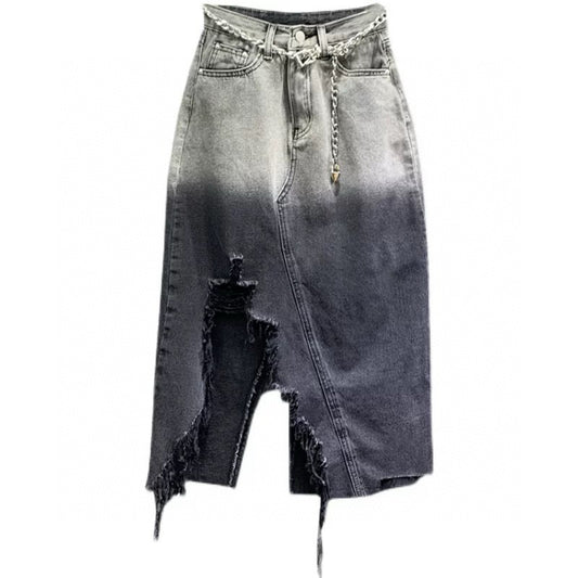 Mid-Length Denim Skirt with Chain Tassels