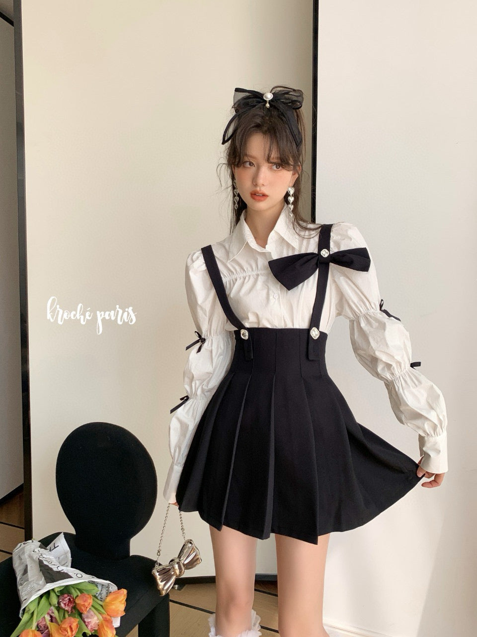 French Ruched Blouse With High-Waisted Pleated Skirt