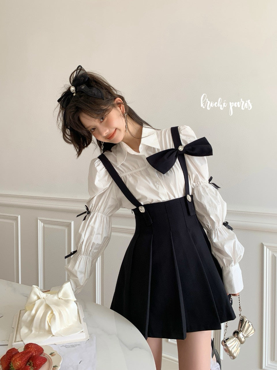 French Ruched Blouse With High-Waisted Pleated Skirt