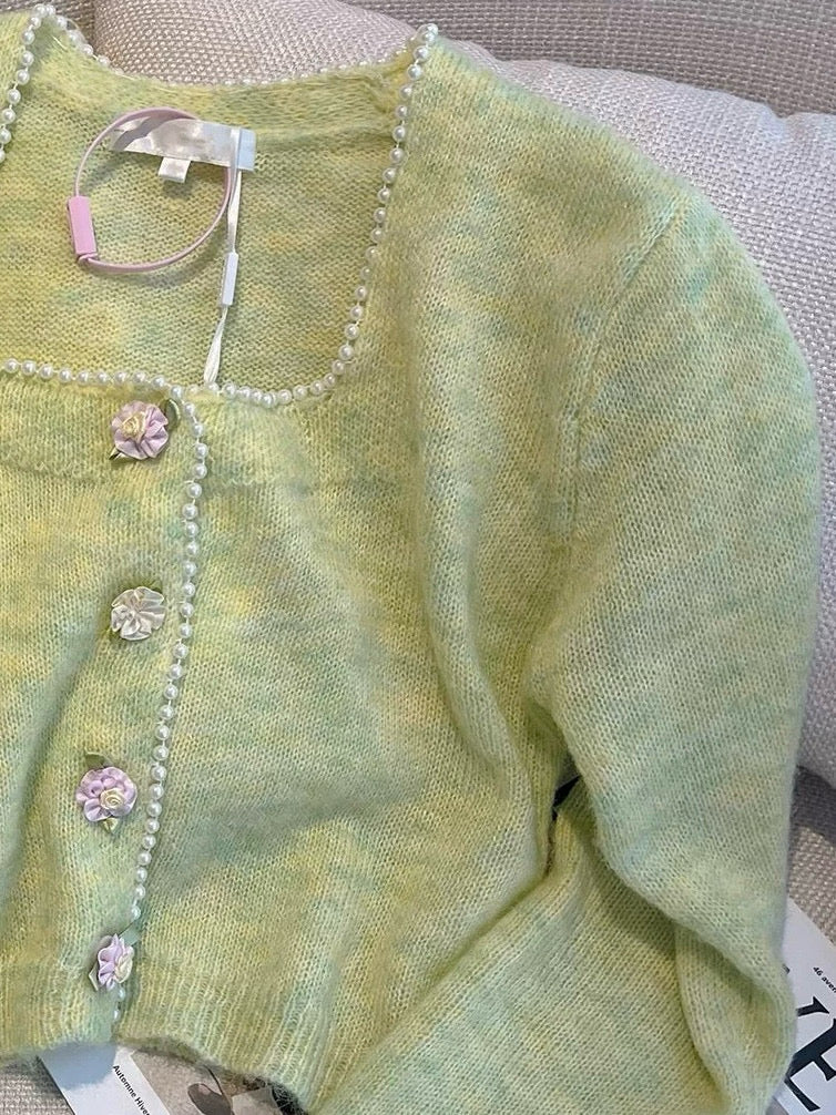 Square Neck Knit Top with Pearl-Edged Flower Buttons