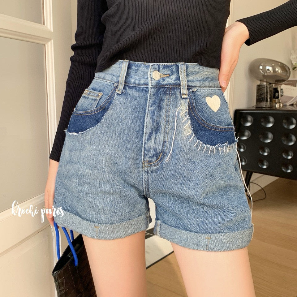 High-Waisted Denim Shorts with Faux Double Pockets