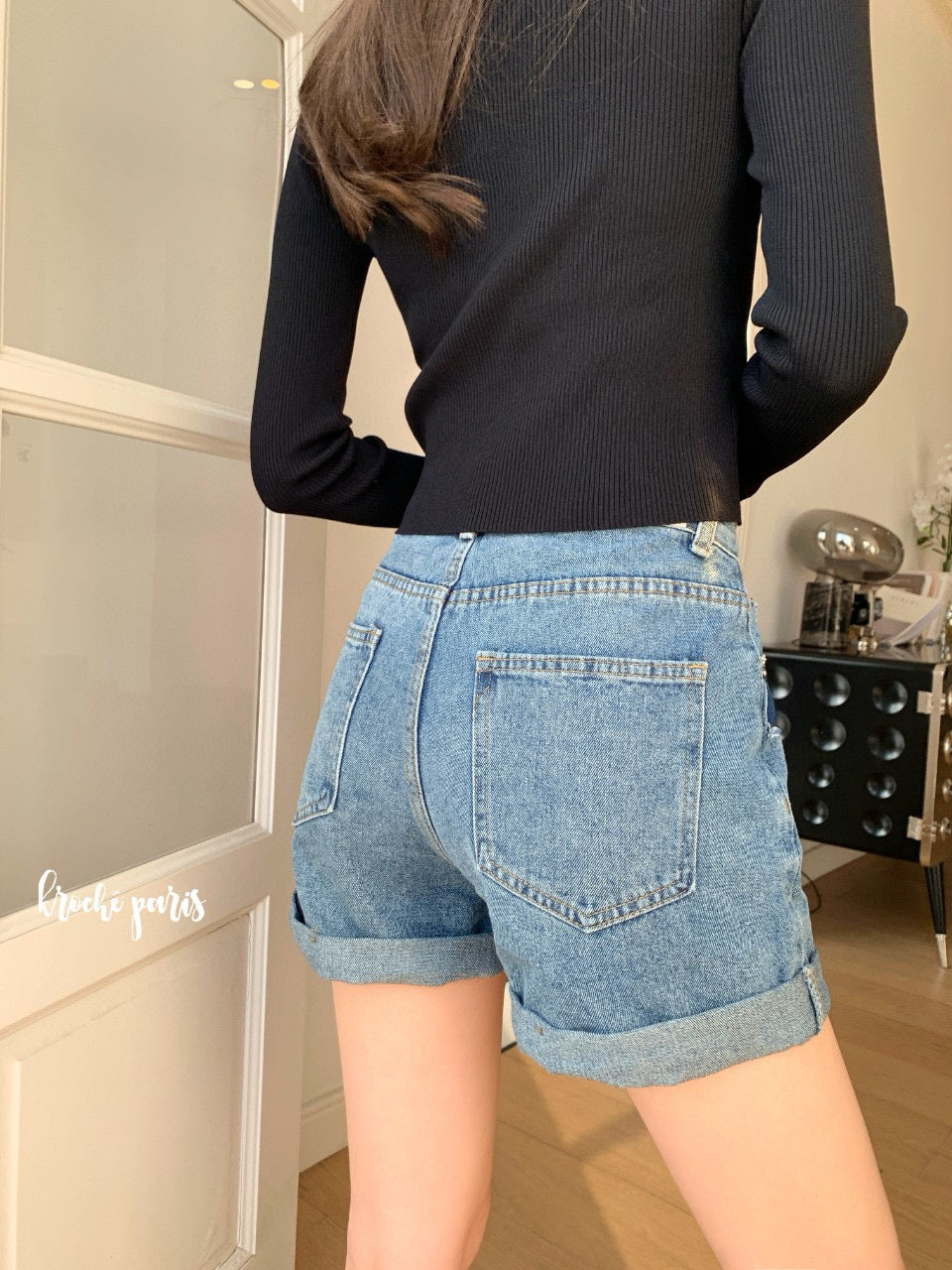 High-Waisted Denim Shorts with Faux Double Pockets